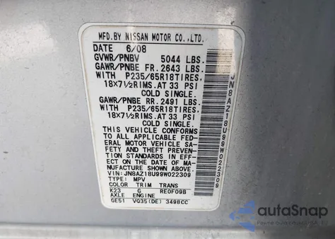 2009 Nissan Murano S z USA, uszkodzony, nr VIN JN8AZ18U99W022309